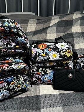 Vera Bradley Black Multi Floral Quilted Backpack and Crossbody Set